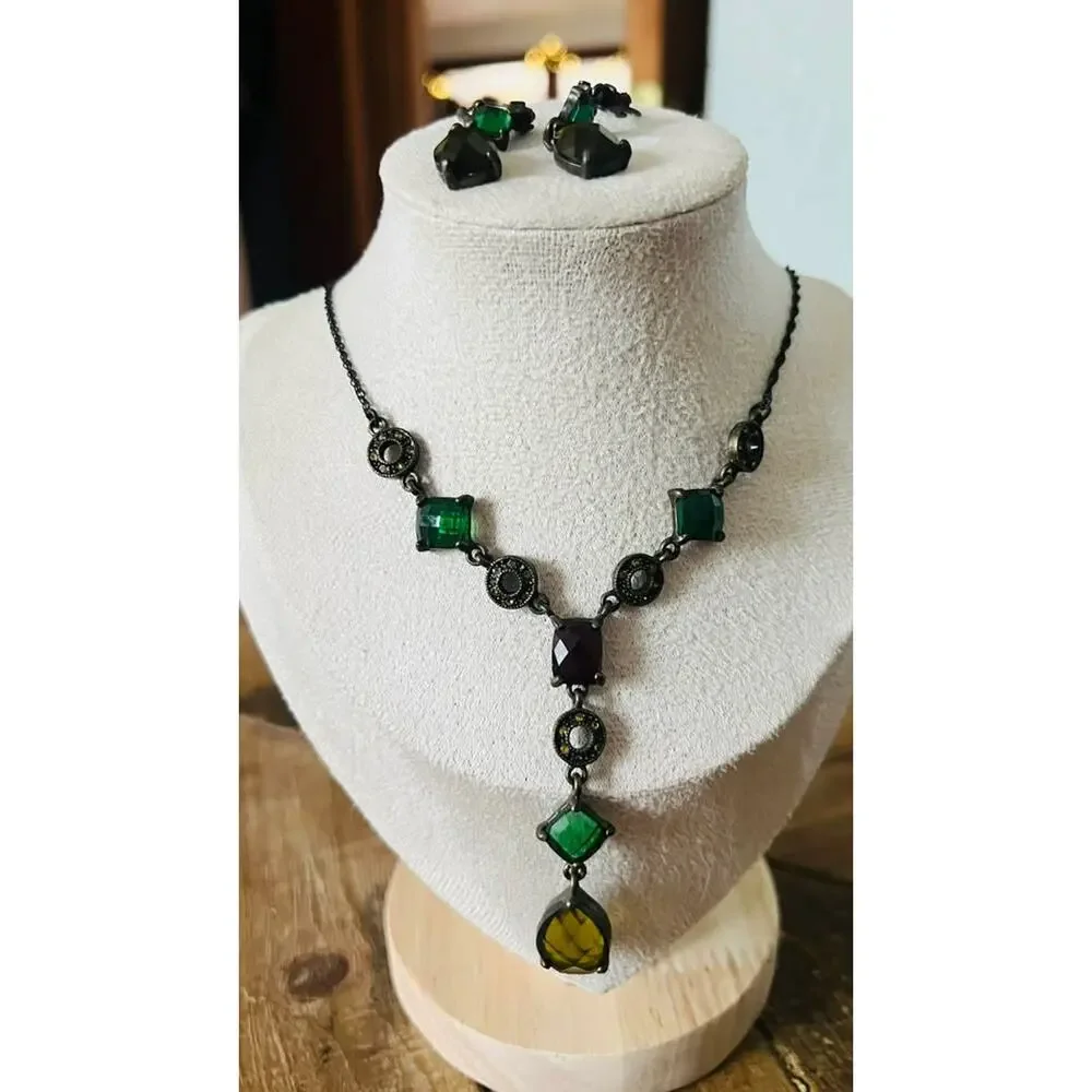 Vintage Green and Dark Stone Necklace and Earring Set